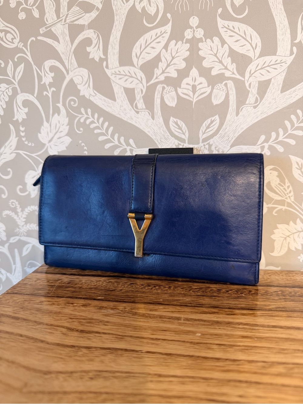 Authentic Saint Laurent YSL Blue Smooth Leather Cassandra Wallet Gold Hardware